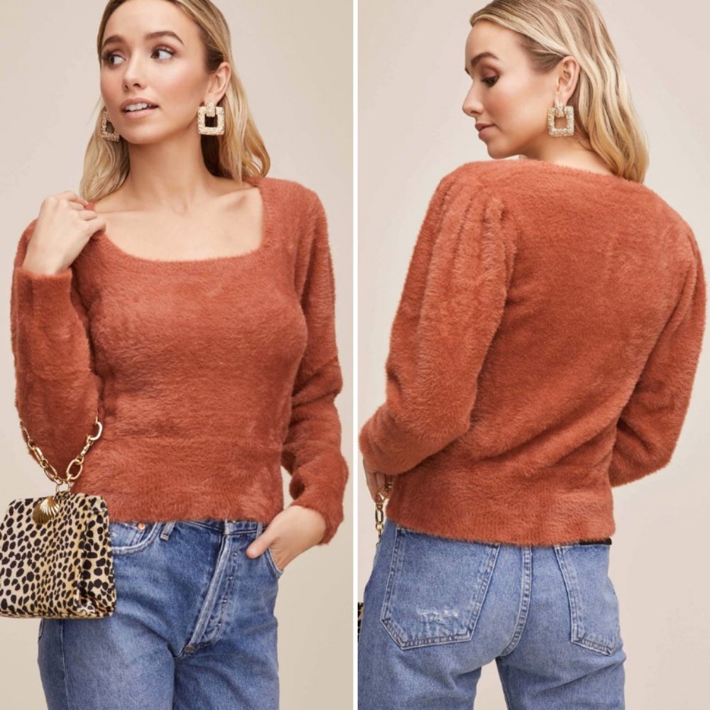 ASTR The Label Square Neck Puff Sleeve Fuzzy Crop Sweater‎ in Rust NWT Size XL